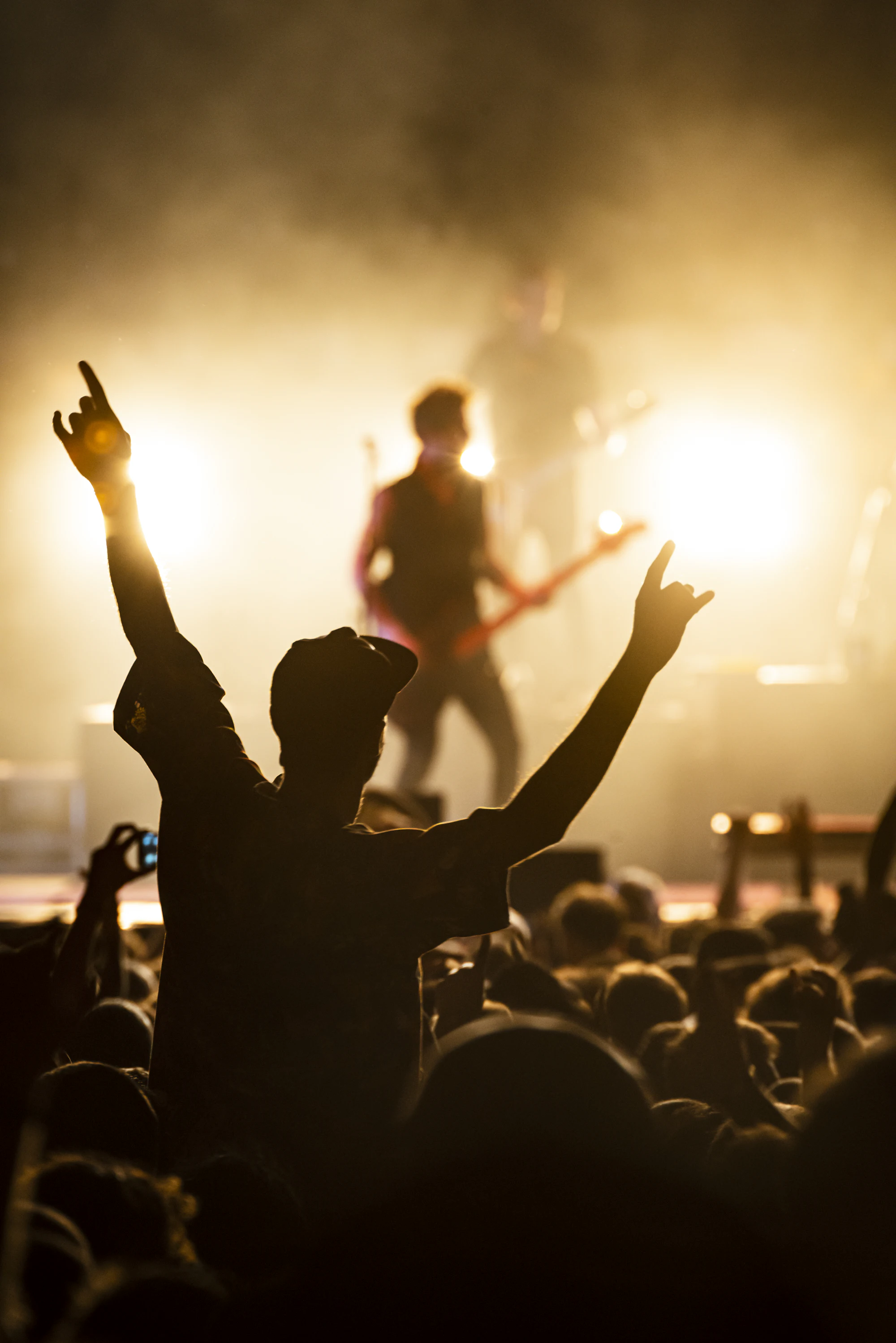 An audience watching a band perform on a lit stage